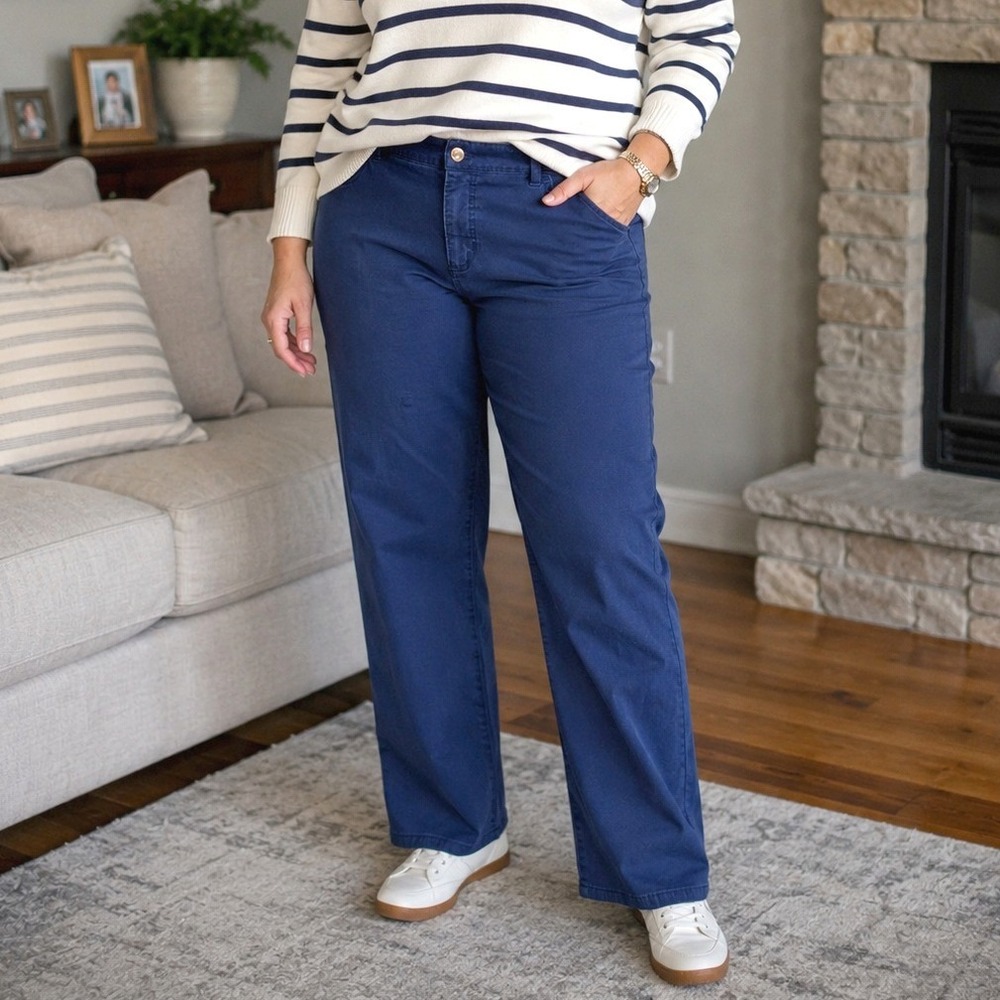 Chaps Preppy Straight Leg Pants Navy Cotton Stretch Womens 14 - Pucker Flaw